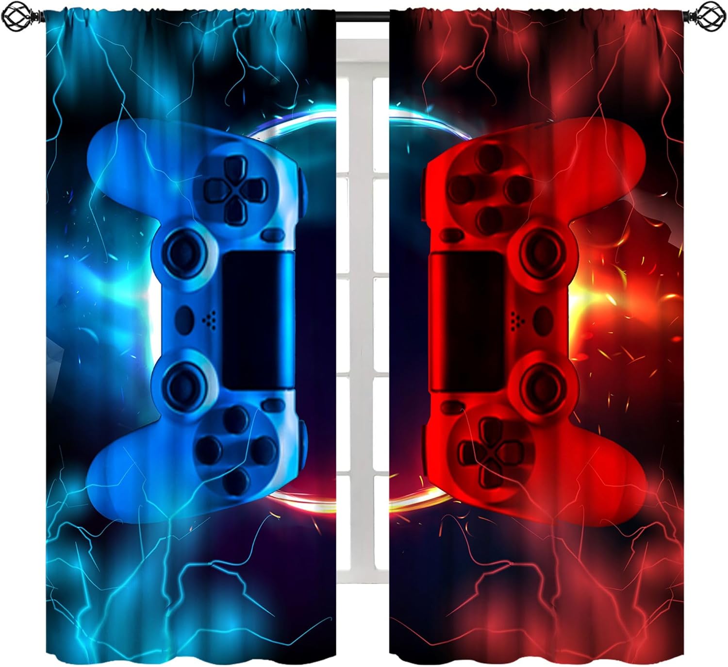 Gaming Console Cafe - Gaming-Vorhang Blau Rot Arcade-Konsole Popkultur-Stil Vorhänge